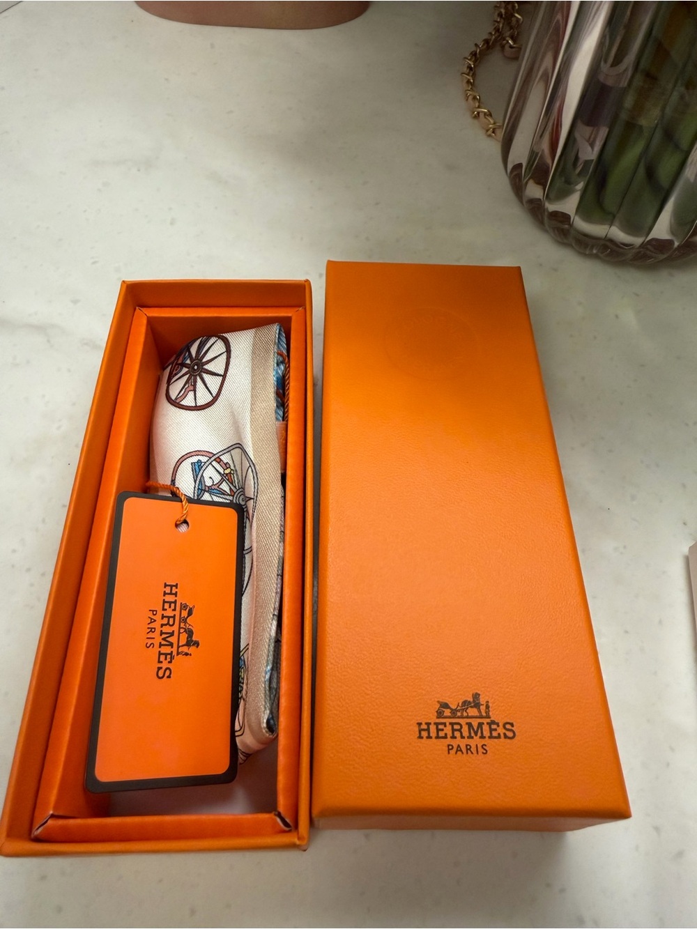 Hermes NWT Silk Twilly Scarf in Blue & Cream with Carriage Motif & Hermes Box - Picture 14 of 15